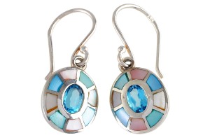 Kolczyki srebrne topaz niebieski + muszla K173