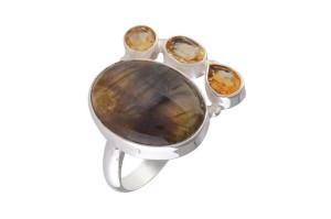 Pierścionek srebrny labradoryt, cytryn P379