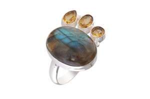 Pierścionek srebrny labradoryt, cytryn P377