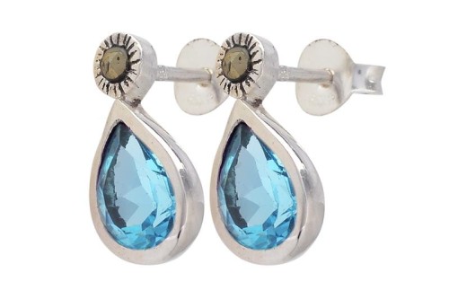 Kolczyki srebrne topaz niebieski, piryt K248