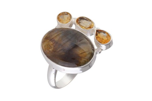 Pierścionek srebrny labradoryt, cytryn P379