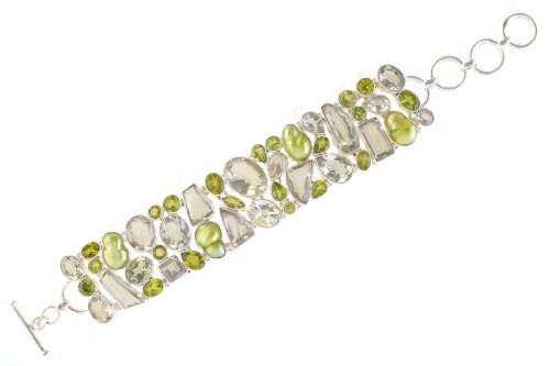 Bransoletka srebrna prazjolit, oliwin, muszla B69