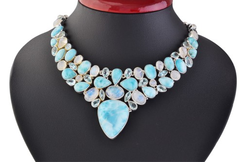 Naszyjnik srebrny larimal, księżycowy, topaz niebieski N48