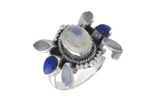 Pierścionek srebrny księżycowy, lapis, chalcedon P350