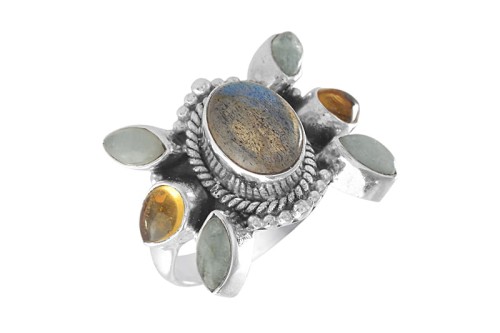 Pierścionek srebrny labradoryt, cytryn, amazonit P348