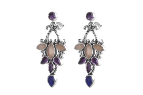 Kolczyki srebrne ametyst, lapis, kwarc różowy K322