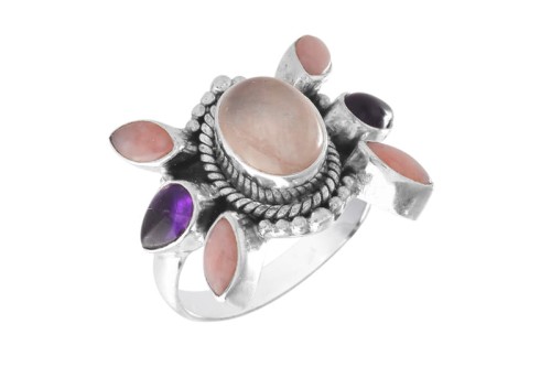 Pierścionek srebrny kwarc różowy, ametyst, rodochrozyt P349