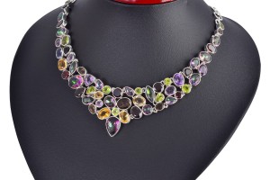 Naszyjnik srebrny topaz mistik, cytryn, granat, kwarc dymny, ametyst, oliwin N37