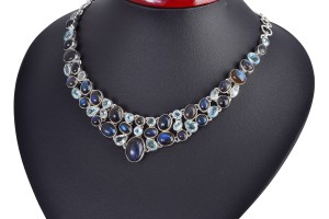 Naszyjnik srebrny labradoryt, topaz niebieski N42