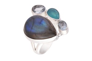 Pierścionek fantazyjny labradoryt, chalcedon, topaz niebieski P292