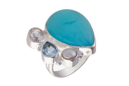 Pierścionek fantazyjny chalcedon, kryształ górski, topaz niebieski, perła P297