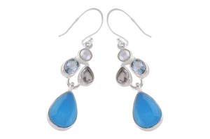Kolczyki fantazyjne chalcedon, topaz niebieski, kryształ górski, perła K225