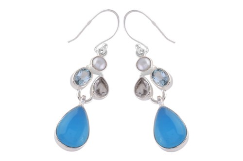 Kolczyki fantazyjne chalcedon, topaz niebieski, kryształ górski, perła K225