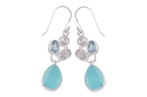 Kolczyki fantazyjne chalcedon, topaz niebieski, kryształ górski, perła K224