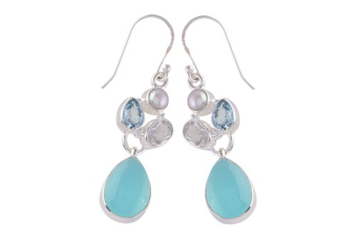 Kolczyki fantazyjne chalcedon, topaz niebieski, kryształ górski, perła K224