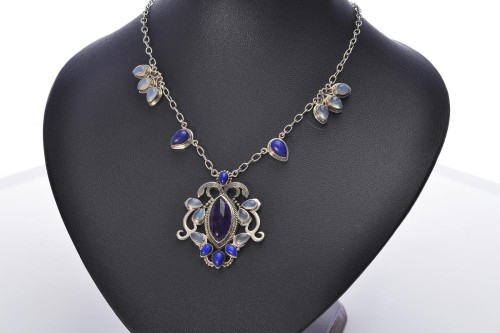 N16 naszyjnik ametyst+lapis+chalcedon SREBRO925